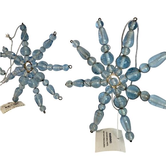 Pottery Barn Big Blue Beaded Snowflake Ornaments Set of 3 approx 5.5" NWT - Picture 1 of 5